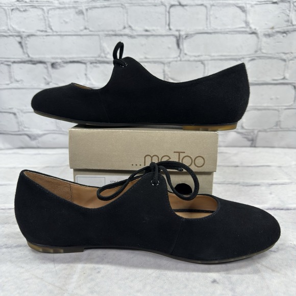 Me Too Women's Cacey14 Flat Mary Janes Size 7 Black Suede Lace Up Casual Comfort - Picture 2 of 12